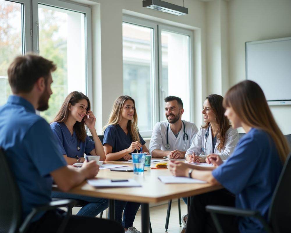 Physical therapy practice team meeting - join a collaborative PT workplace through our recruitment service